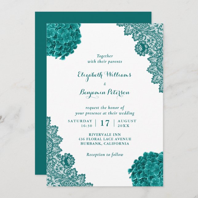 Invitation Personnalisé Rustique Turquoise Hydrangea Floral M (Devant / Derrière)