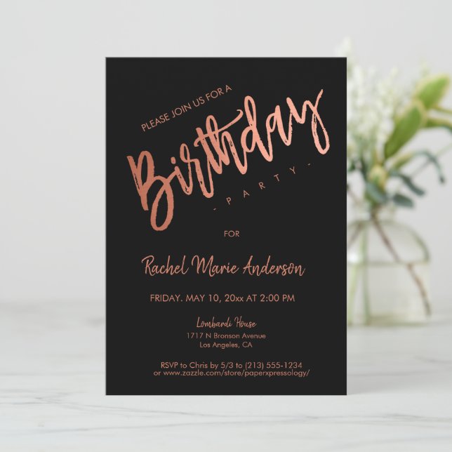 Invitation Personnalisé Simple Rose noir Gold Foil fête d'ann (Debout devant)