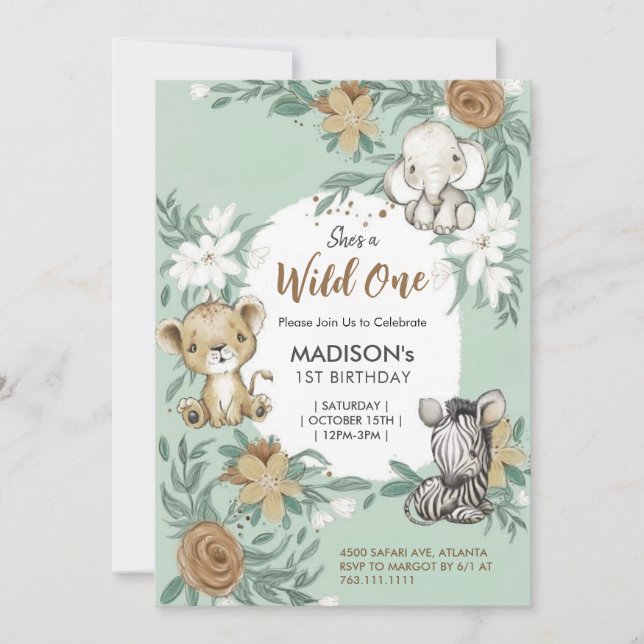 Invitation Personnalisé Wild One Green White Jungle Animaux t (Devant)