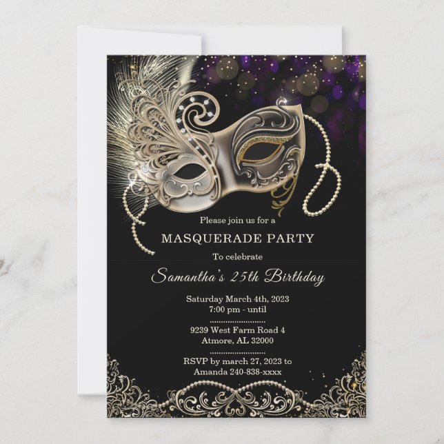 Invitation Personnalisée Black Gold Purple Masquerade Party (Devant)