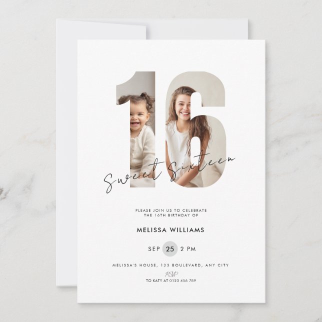 Invitation personnalisée blanche pour les 16 ans a (Devant)