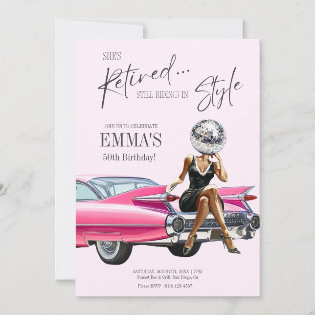 Invitation personnalisée Cadillac rose retirée (Devant)