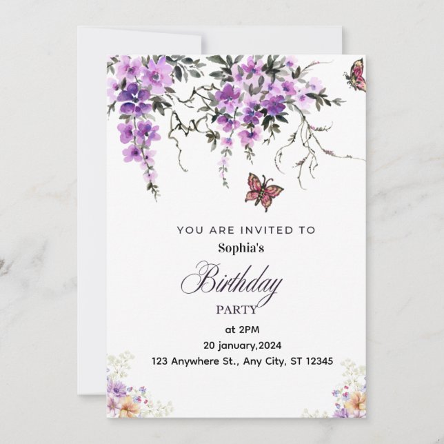 Invitation personnalisée d'anniversaire à fleurs v (Devant)