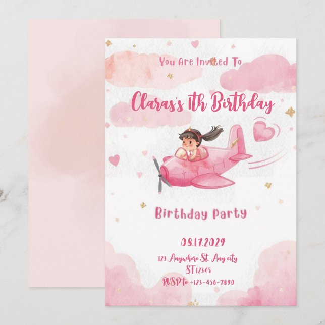 Invitation personnalisée d'anniversaire fille avio (Devant / Derrière)