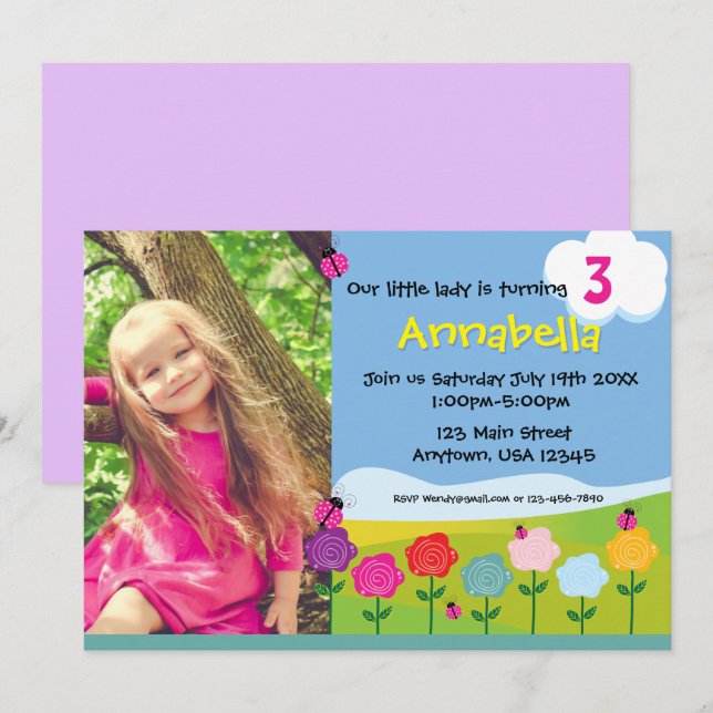 Invitation personnalisée d'anniversaire Florales C (Devant / Derrière)