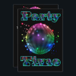 Invitation personnalisée Disco Ball Party<br><div class="desc">Cette invitation a une grande boule de disco colorée et les mots PARTY TIME sur le devant et une petite boule de disco sur le dos avec exemple de texte d'invitation de la partie. Utilisez le bouton personnaliser pour modifier ou supprimer tout texte à l'arrière. Le texte sur le devant...</div>