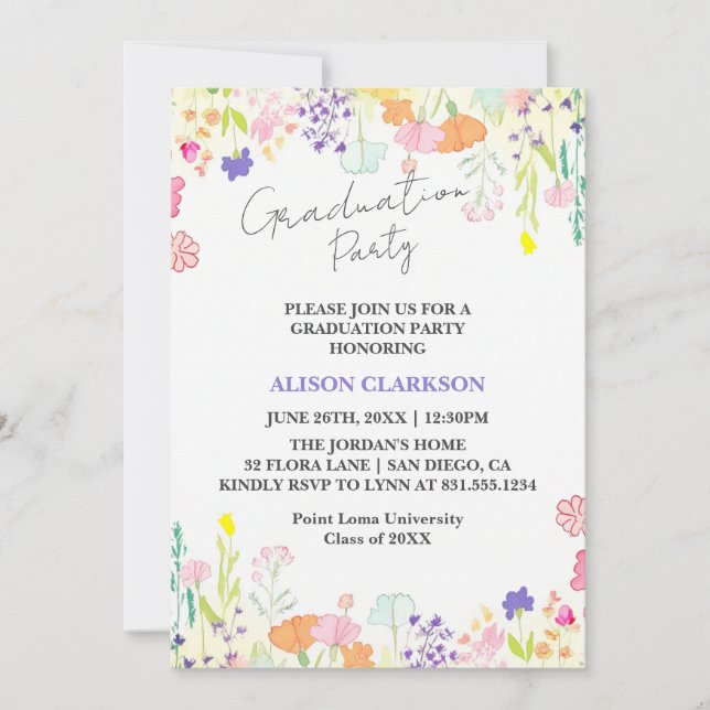 Invitation Personnalisée Elegant Fleur sauvage Graduation Par (Devant)