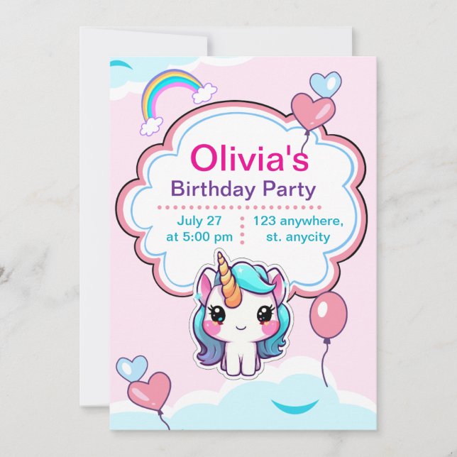 Invitation Personnalisée Licorne Anniversair tout  (Devant)