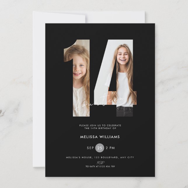 Invitation personnalisée noire pour les 14 ans ave (Devant)