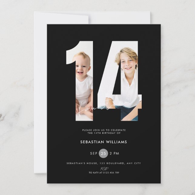 Invitation personnalisée noire pour les 14 ans ave (Devant)