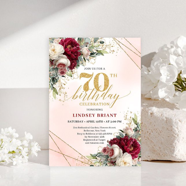 Invitation personnalisée pour 70 ans avec fleurs d (Personalized Gold Floral 70th Birthday Invitation)