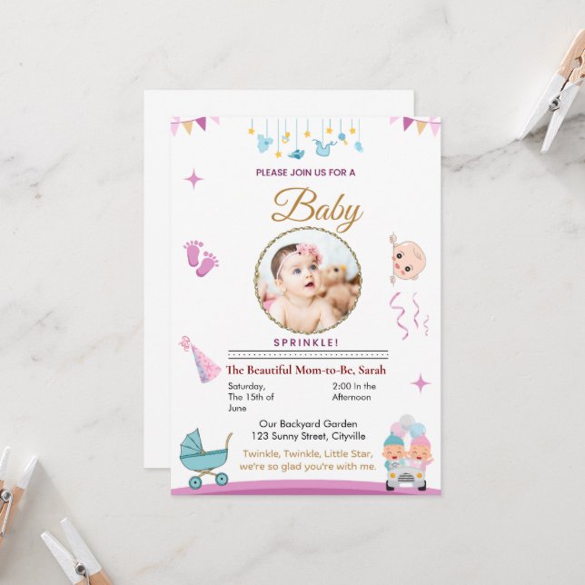 Invitation personnalisée pour bébé saupoudré (Devant/Arrière en situation)
