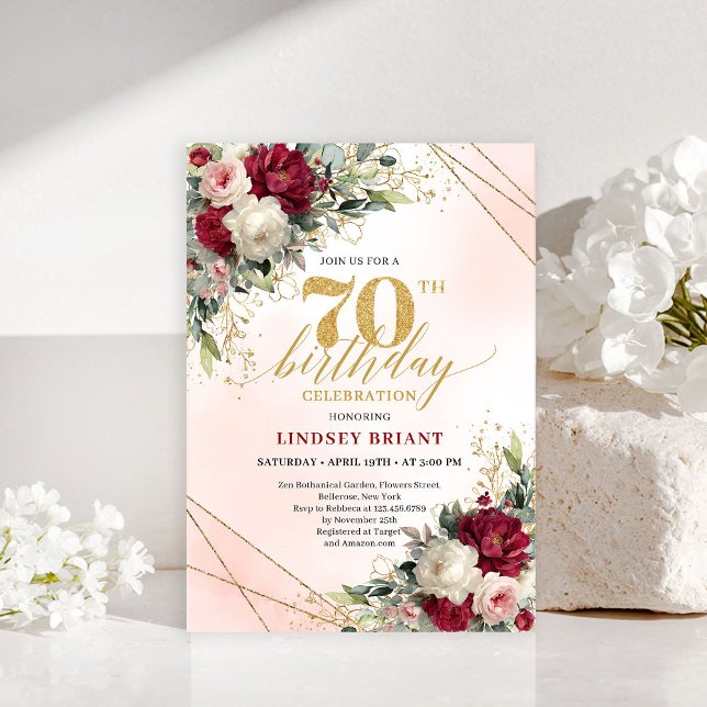 Invitation personnalisée pour les 70 ans avec fleu (Personalized gold floral 70th birthday invite men

)