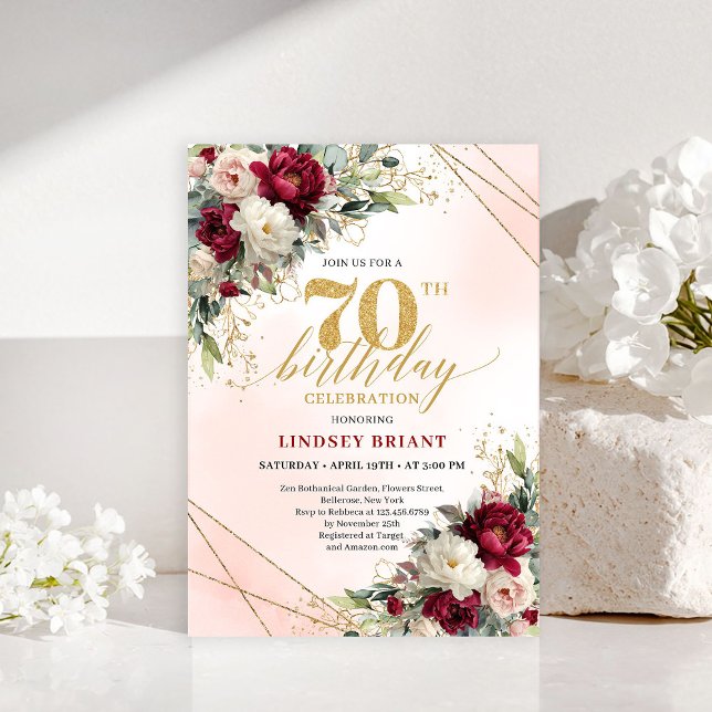 Invitation personnalisée pour les 70 ans avec fleu (Custom gold floral 70th birthday invite for men

)