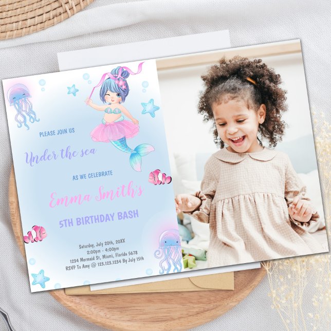 Invitation personnalisée pour les enfants (Green Cloud Mermaid Birthday Invitations w photo)