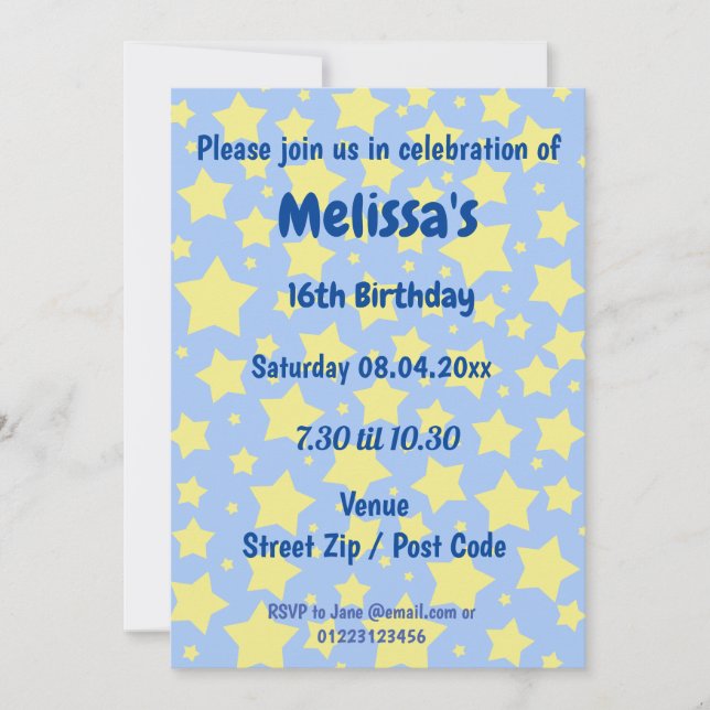 Invitation personnalisée pour une fête avec des ét (Devant)