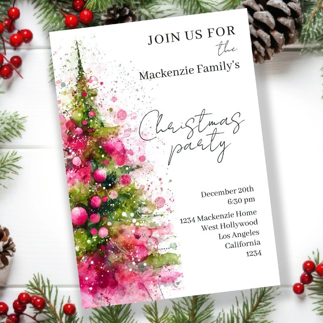 Invitation personnalisée pour une fête de Noël ave (Pink Christmas Tree Party Personalized Invitations by Ricaso. Bold Pink Modern and Stylish invites)