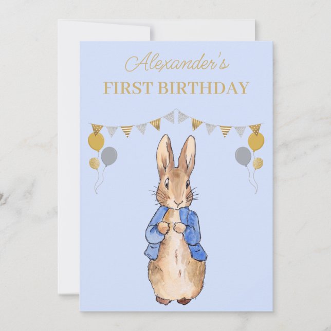 Invitation Personnaliser 1er anniversaire Pierre le lapin (Devant)