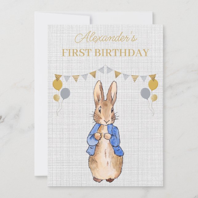 Invitation Personnaliser 1er anniversaire Pierre le lapin (Devant)