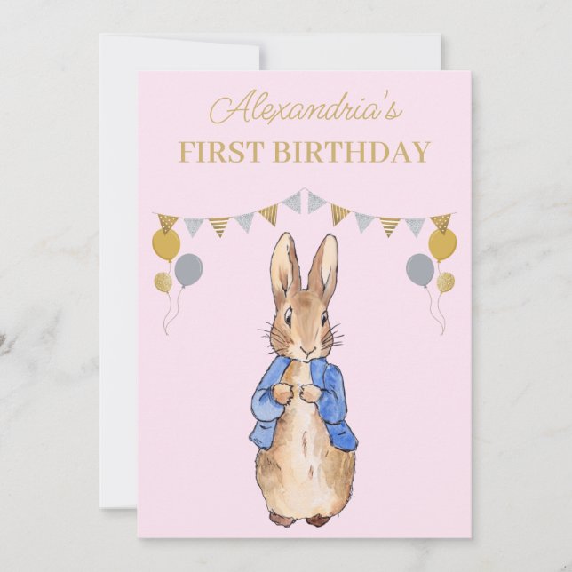 Invitation Personnaliser 1er anniversaire Pierre le lapin (Devant)