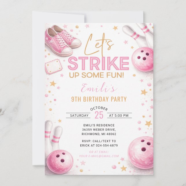 Invitation Personnaliser Anniversaire Bowling Rose (Devant)