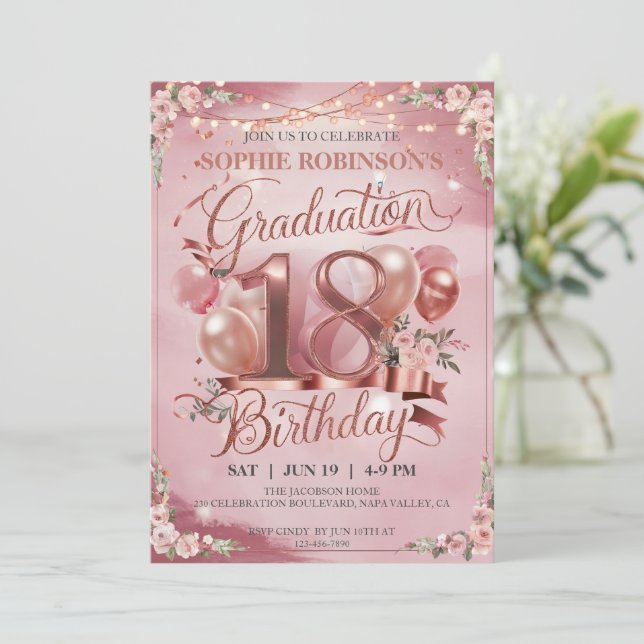 Invitation Personnaliser Ballons Fleur Graduation 18e anniver (Debout devant)