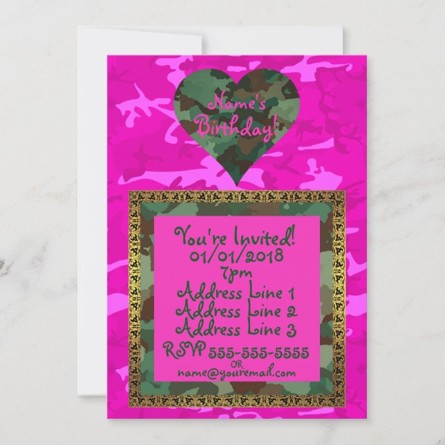 Invitation Personnaliser - Camo rose (Devant)
