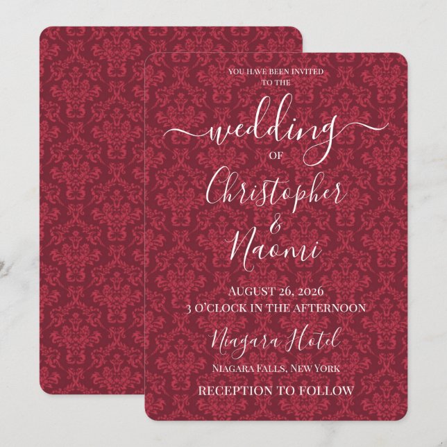 Invitation PERSONNALISER : Damassé Rouge Foncé (Devant / Derrière)