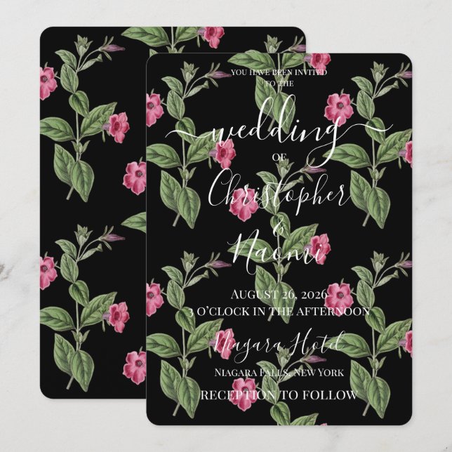 Invitation PERSONNALISER : Fleurs Roses Rétro sur Fond Noir (Devant / Derrière)