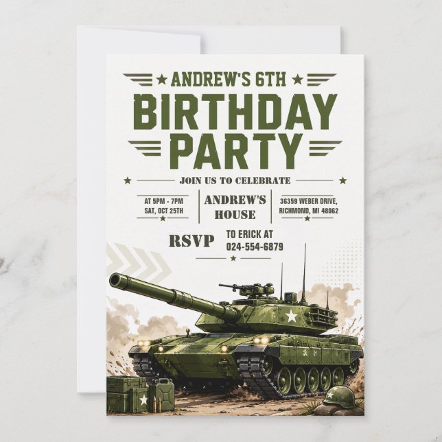 Invitation Personnaliser l'anniversaire du char militaire (Devant)