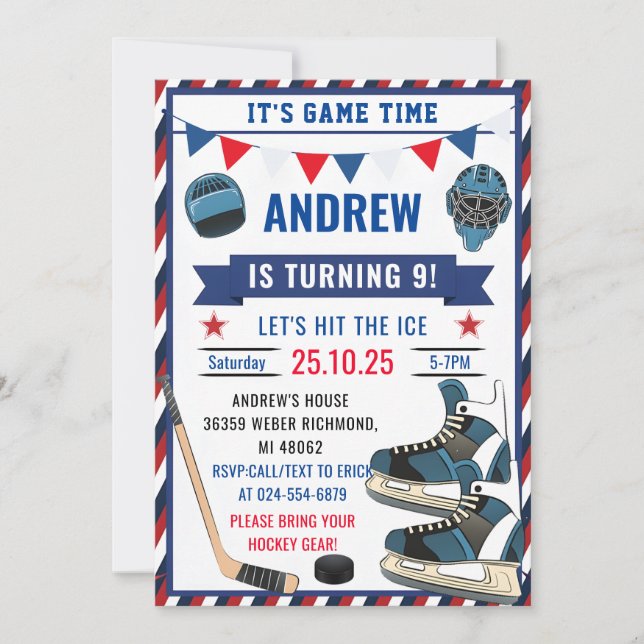Invitation Personnaliser le hockey sur glace Anniversaire de  (Devant)