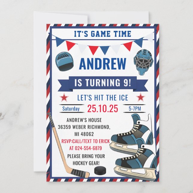 Invitation Personnaliser le hockey sur glace sports d'anniver (Devant)
