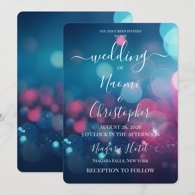 Invitation PERSONNALISER : Mariage Bokeh Sarcelle Rose (Devant / Derrière)