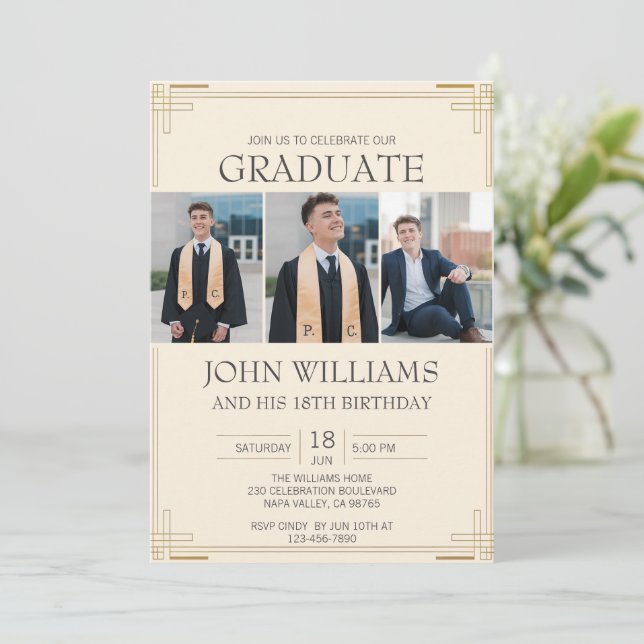 Invitation Personnaliser Photo Graduation Anniversaire Gold F (Debout devant)