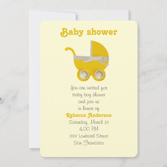 Invitation Personnaliser, poussette jaune et arc blanc (Devant)