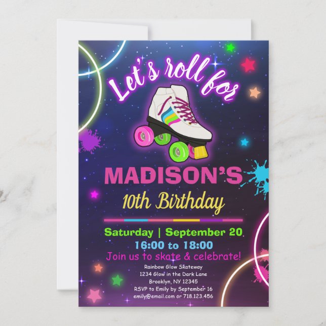 Invitation Personnaliser Roller Sking Neon Anniversaire RSVP (Devant)