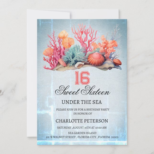 Invitation Personnaliser Sous La Mer Douce 16 Anniversaire Fê (Devant)