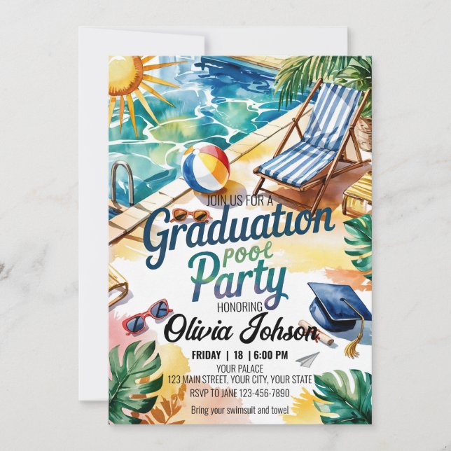 Invitation Personnaliser Sun Lounge Chaise Graduation Pool Pa (Devant)