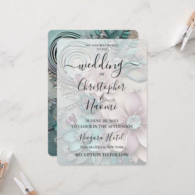 Invitation Personnaliser : Turquoise rose Fleurs de papier ru (Devant/Arrière en situation)