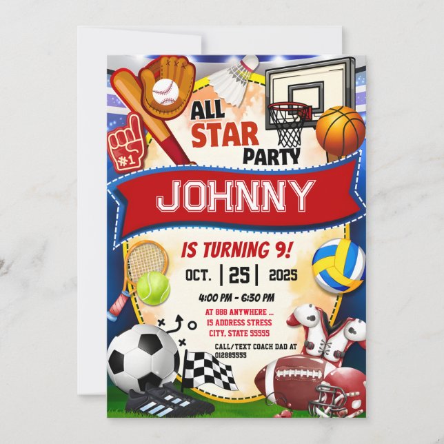 Invitation Personnel All Star Sports Thème Anniversaire (Devant)