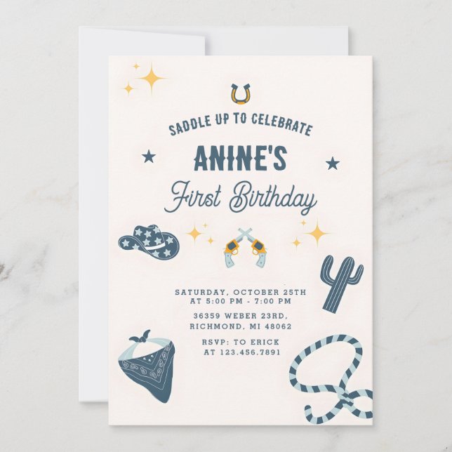 Invitation Personnelle 1er anniversaire CowBoy Wild West (Devant)