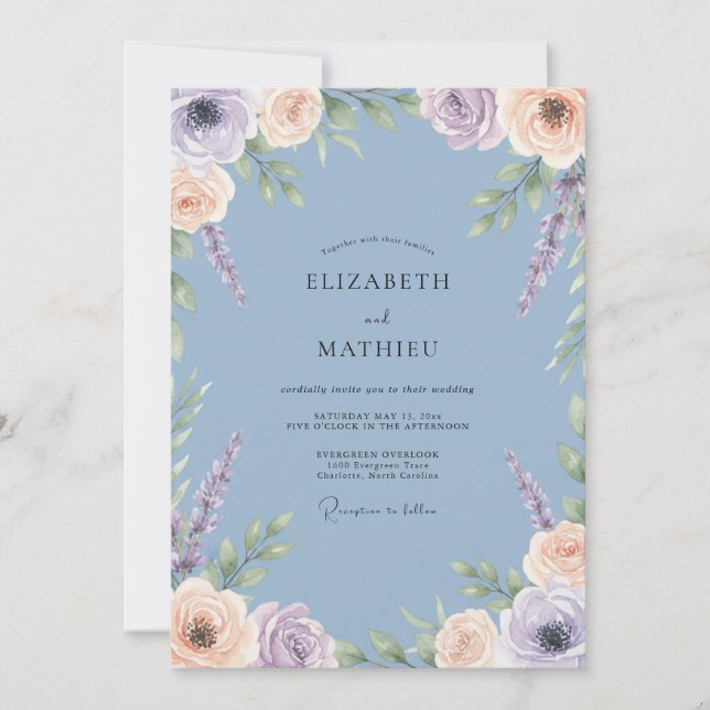 Invitation Pervenche Douce Mariage Floral Élégant (Devant)