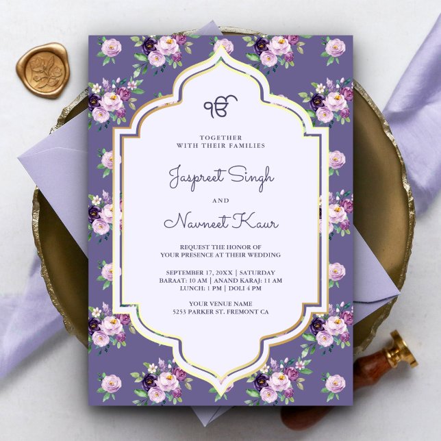 Invitation Pervenche Mariage Sikh Anand Karaj Floral Violet (Créateur téléchargé)