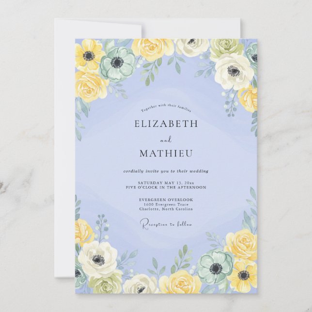 Invitation Pervenche Ranunculus Jaune Eucalyptus Poussiéreux  (Devant)