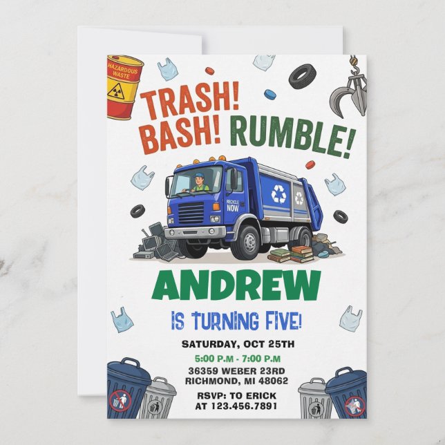 Invitation Pesonal Dump Everything Trash Truck Birthday party (Devant)
