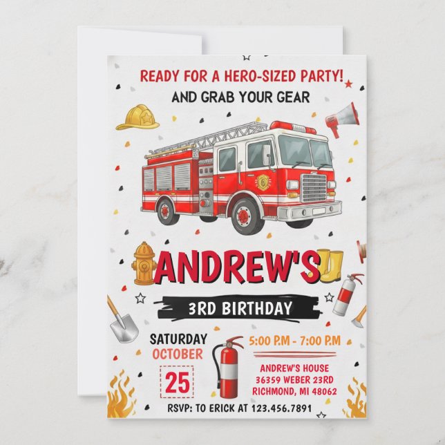 Invitation Pesonal FireFigher truck Birthday Party  (Devant)