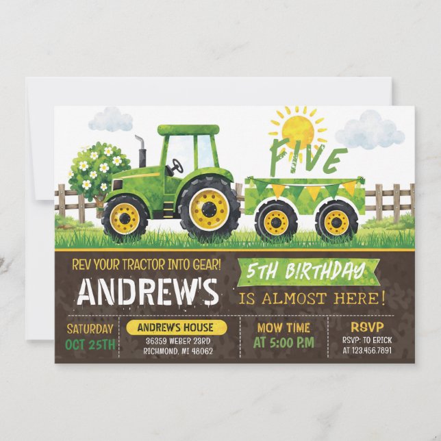 Invitation Pesonal Green Tractor Birthday (Devant)