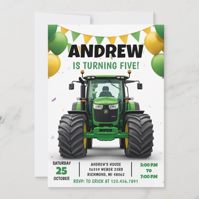 Invitation Pesonal Modern Tractor Birthday (Devant)