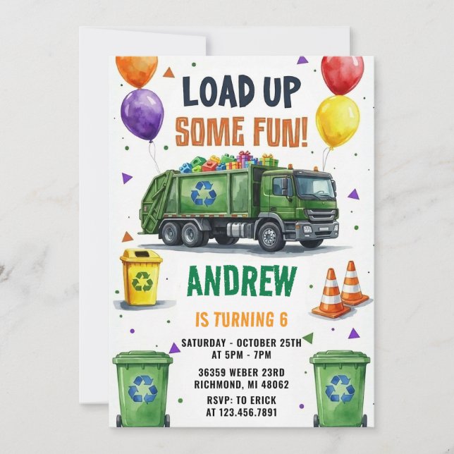 Invitation Pesonal Trash Truck Recycling Birthday Bash (Devant)