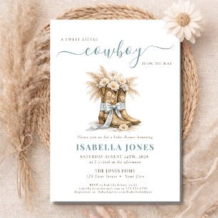 Invitation Pet Cow-boy En Route Bleu Baby Shower Occidental